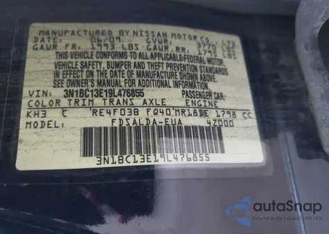 2009 Nissan Versa 1.8S from USA, damaged, VIN 3N1BC13E19L476855